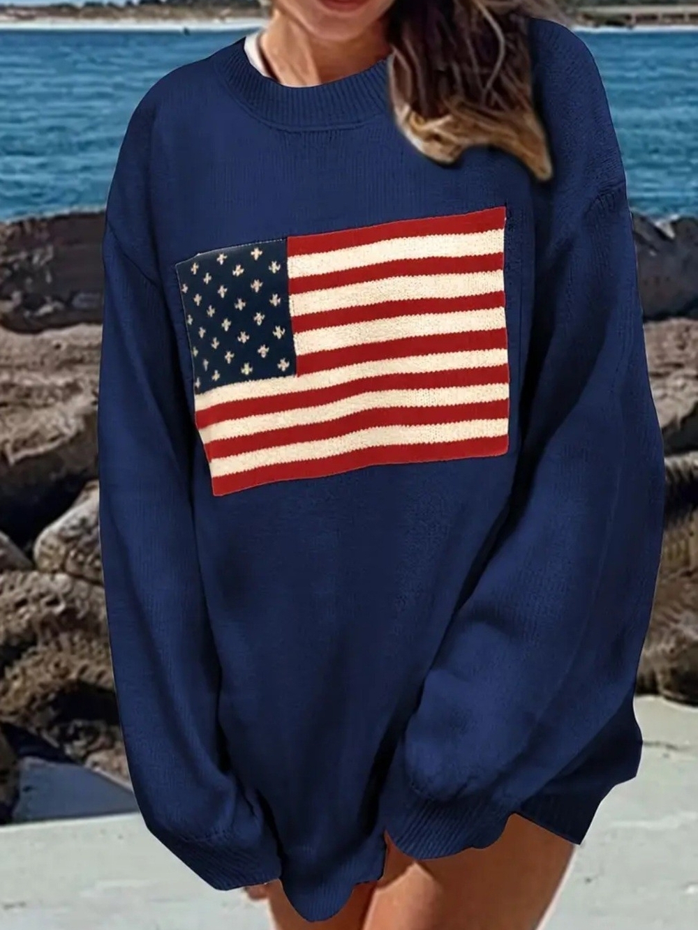 XXLARGE Navy American Flag Knit Sweater - Women